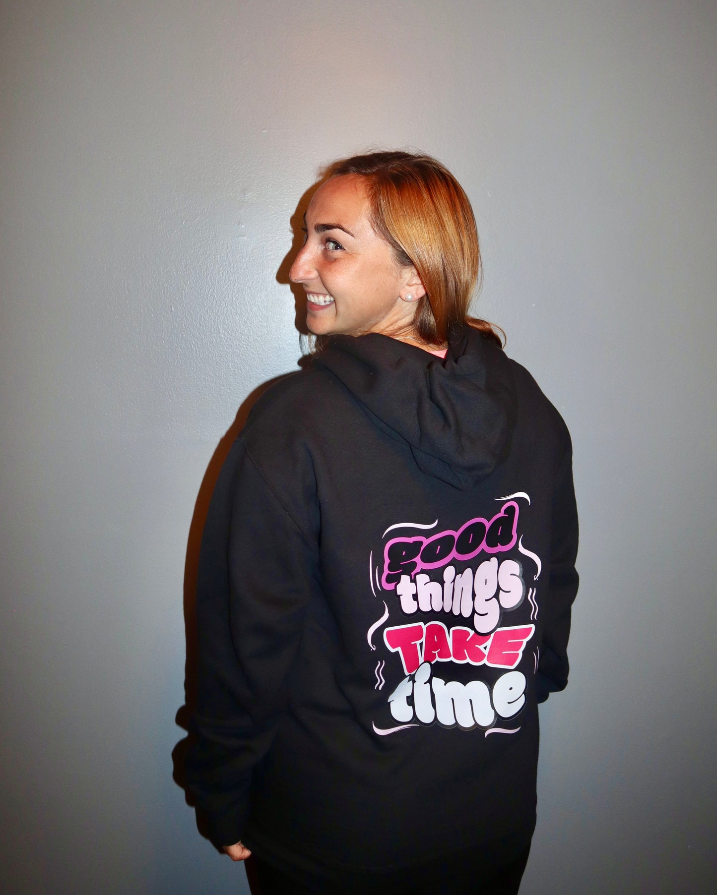 Pink Good Things Take Time Hoodie