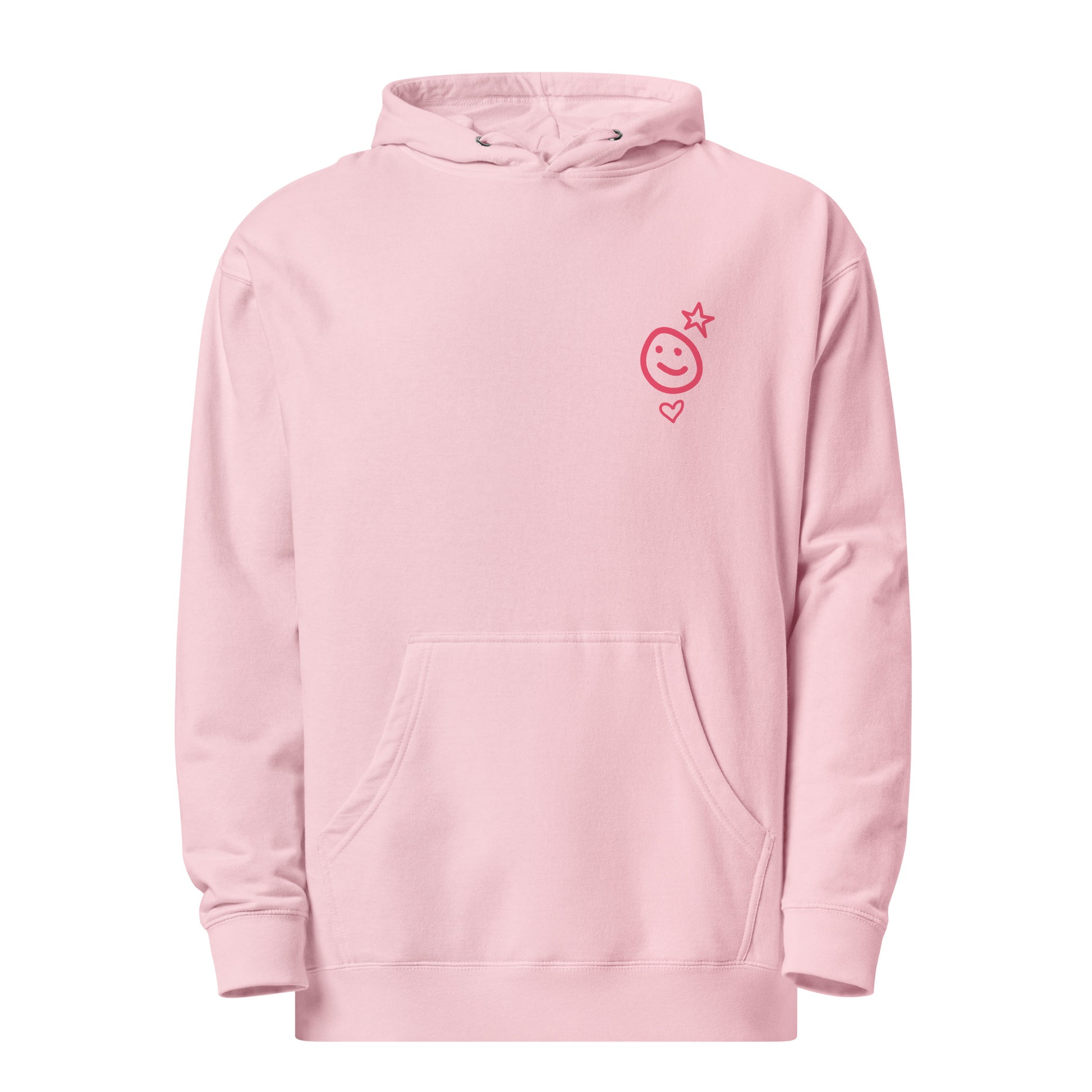 Light pink happy hoodie with a small red smiley face and star graphic on the left chest, displayed on a clean white background