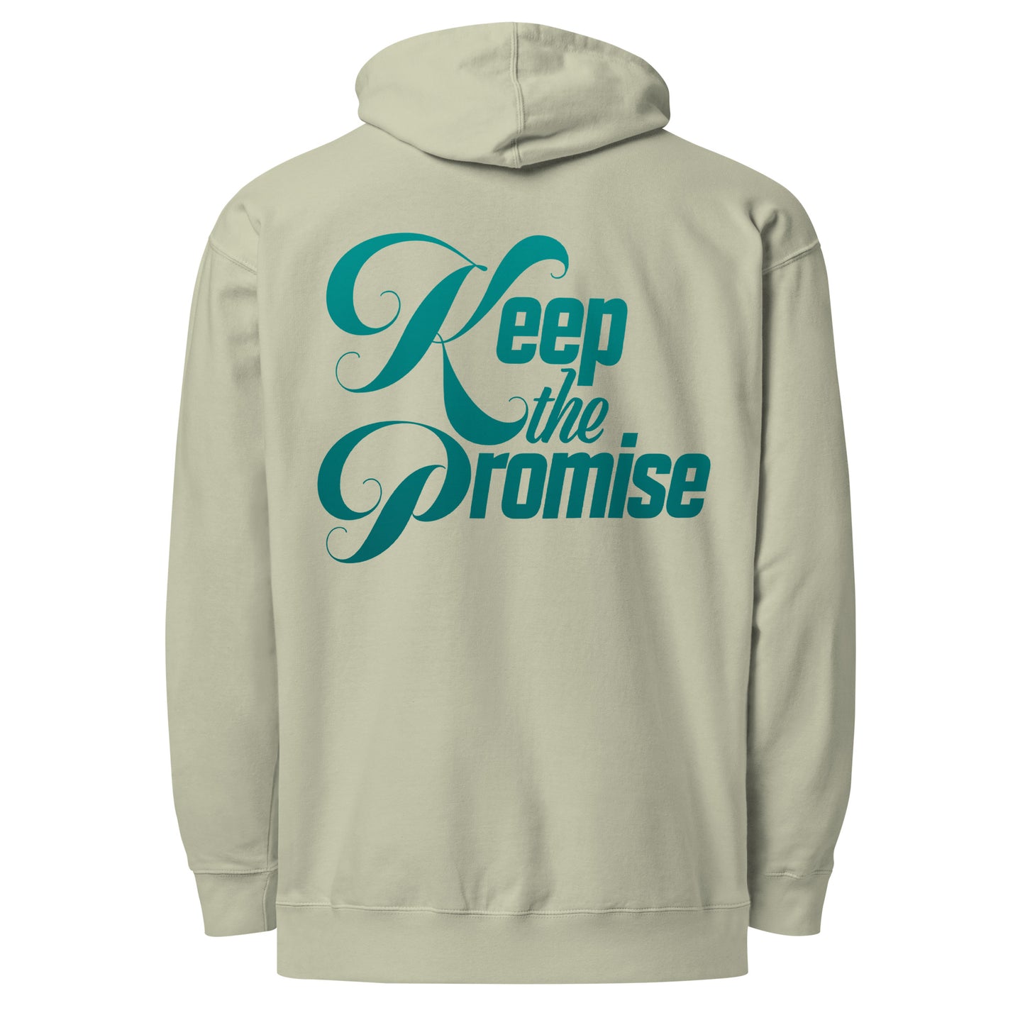 Light beige Keep the Promise hoodie shown from the back, featuring the phrase “Keep the Promise” in teal cursive lettering across the upper back.