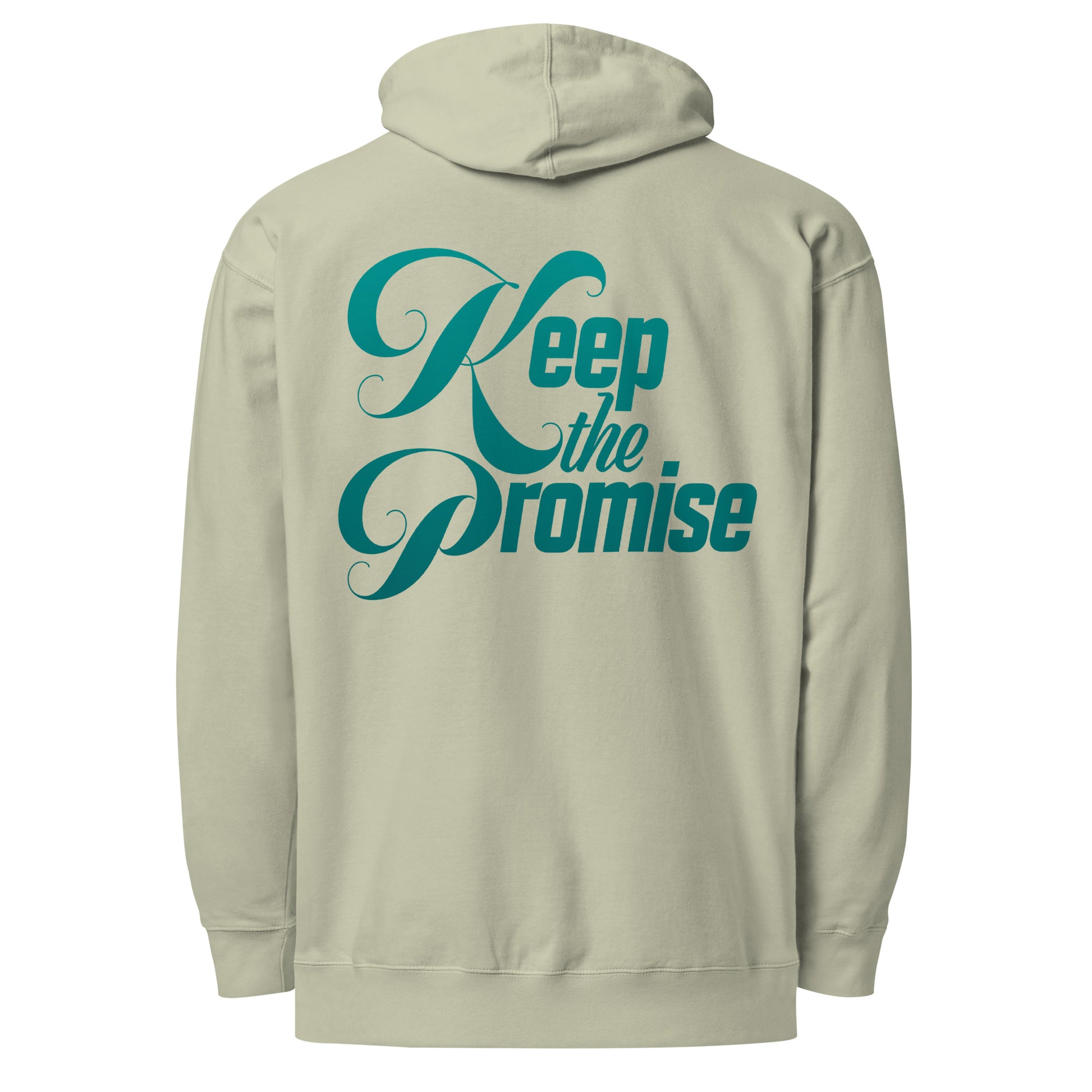 Light beige Keep the Promise hoodie shown from the back, featuring the phrase “Keep the Promise” in teal cursive lettering across the upper back.