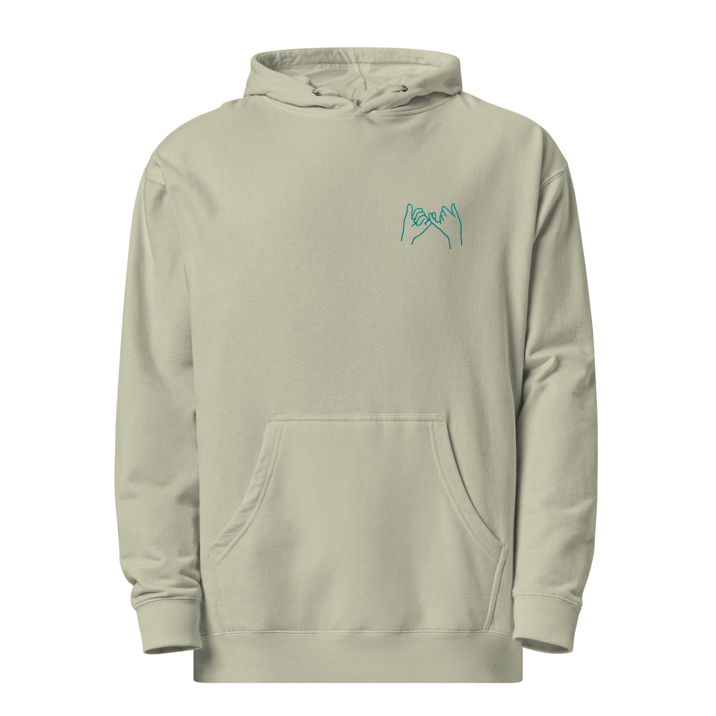 Light sage green Keep the Promise hoodie with a small teal pinky promise hands graphic on the left chest, displayed on a clean white background.
