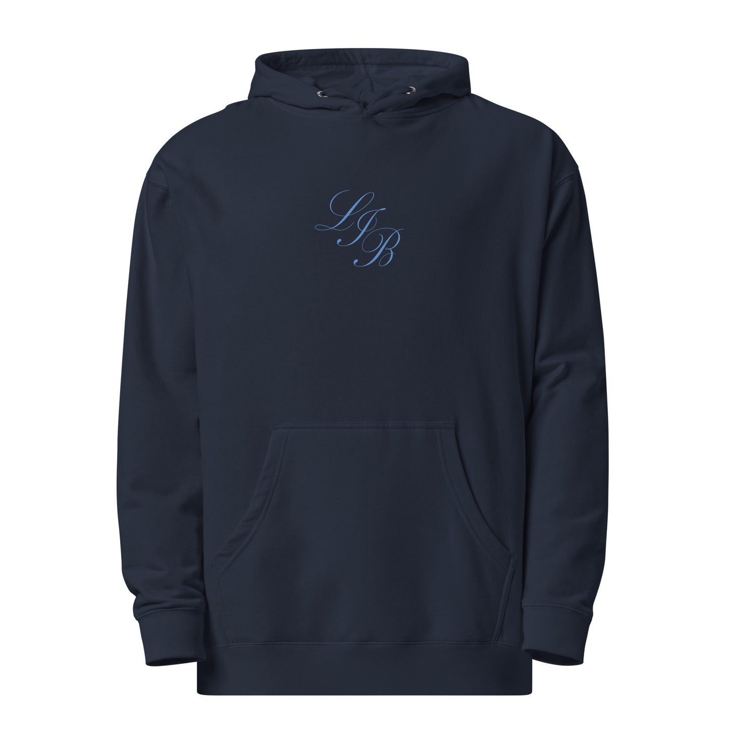 Navy blue Leave It Better hoodie shown from the front with LIB lettering on the chest.