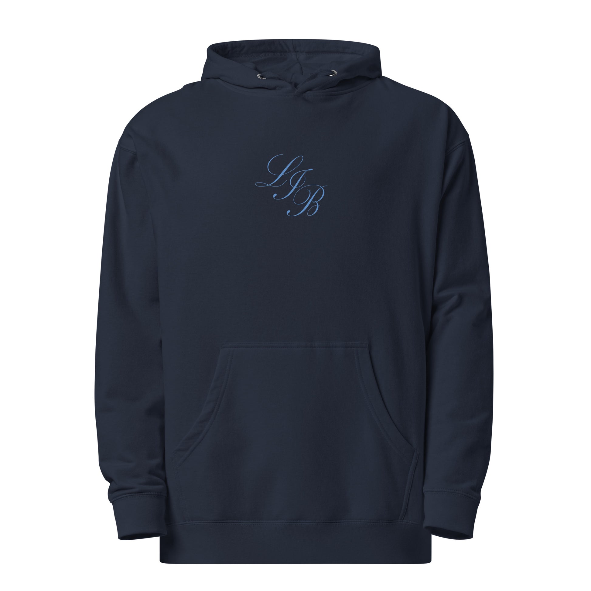 Navy blue Leave It Better hoodie shown from the front with LIB lettering on the chest.