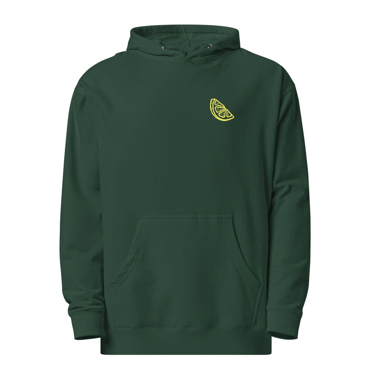 A dark green pullover hoodie with a small yellow lemon slice graphic on the left chest, displayed on a clean white background.