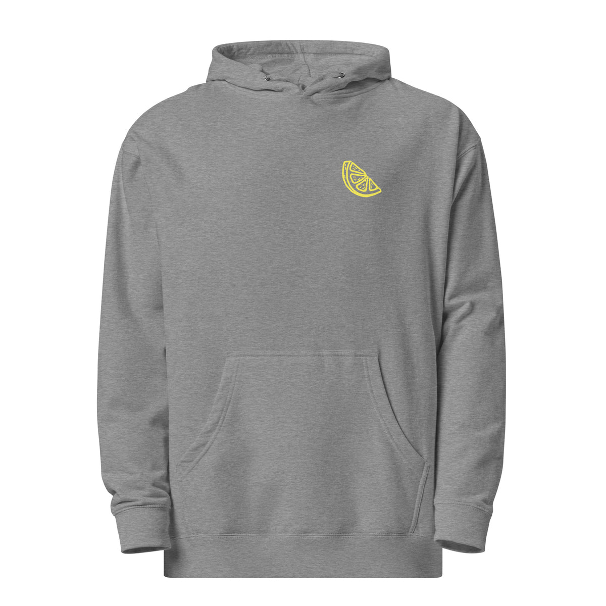A heather gray pullover hoodie with a small yellow lemon slice graphic on the left chest, displayed on a solid white background.