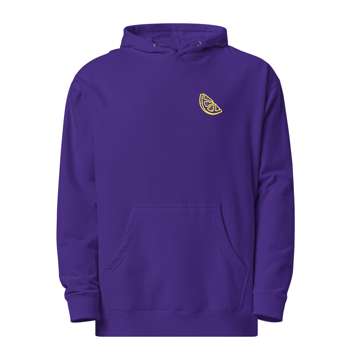 A purple pullover hoodie with a small yellow lemon slice graphic on the left chest, displayed on a clean white background.