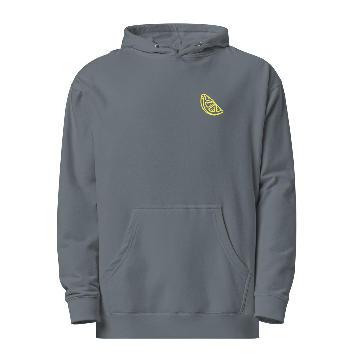 A dark gray pullover hoodie with a small yellow lemon slice graphic on the left chest, displayed on a clean white background.